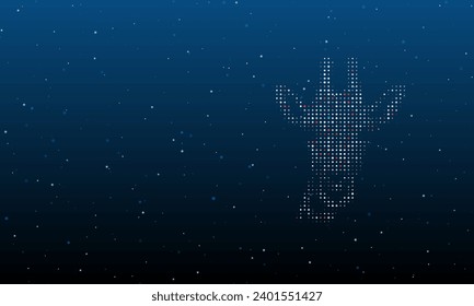 On the right is the giraffe head symbol filled with white dots. Background pattern from dots and circles of different shades. Vector illustration on blue background with stars