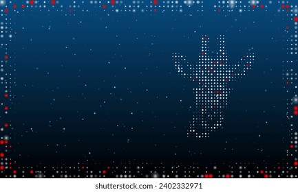 On the right is the giraffe head symbol filled with white dots. Pointillism style. Abstract futuristic frame of dots and circles. Some dots is red. Vector illustration on blue background with stars