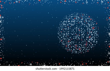 On the right is the gramophone record symbol filled with white dots. Abstract futuristic frame of dots and circles. Vector illustration on blue background with stars