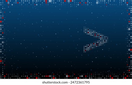 On the right is the greater symbol filled with white dots. Pointillism style. Abstract futuristic frame of dots and circles. Some dots is red. Vector illustration on blue background with stars