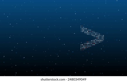 On the right is the greater symbol filled with white dots. Background pattern from dots and circles of different shades. Vector illustration on blue background with stars