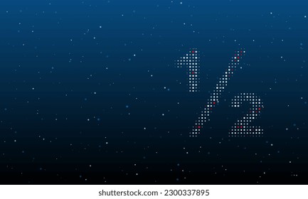 On the right is the half fraction symbol filled with white dots. Background pattern from dots and circles of different shades. Vector illustration on blue background with stars