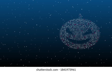 On the right is the halloween pumpkin symbol filled with white dots. Background pattern from dots and circles of different shades. Some dots is pink. Vector illustration on blue background with stars