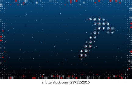 On the right is the hammer symbol filled with white dots. Pointillism style. Abstract futuristic frame of dots and circles. Some dots is red. Vector illustration on blue background with stars