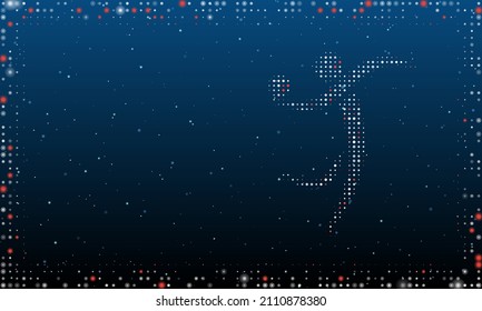 On the right is the handball symbol filled with white dots. Pointillism style. Abstract futuristic frame of dots and circles. Some dots is red. Vector illustration on blue background with stars