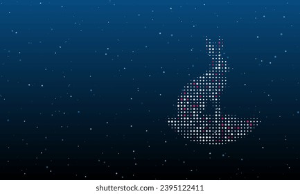 On the right is the hare symbol filled with white dots. Background pattern from dots and circles of different shades. Vector illustration on blue background with stars