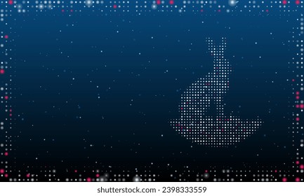 On the right is the hare symbol filled with white dots. Pointillism style. Abstract futuristic frame of dots and circles. Some dots is pink. Vector illustration on blue background with stars