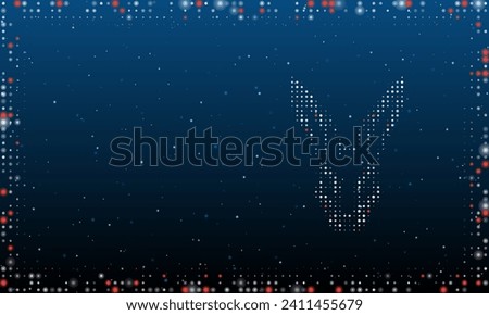 On the right is the hare's head symbol filled with white dots. Pointillism style. Abstract futuristic frame of dots and circles. Some dots is red. Vector illustration on blue background with stars