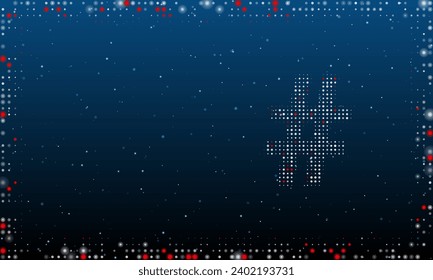 On the right is the hash symbol filled with white dots. Pointillism style. Abstract futuristic frame of dots and circles. Some dots is red. Vector illustration on blue background with stars
