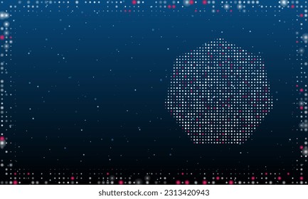 On the right is the heptagon symbol filled with white dots. Pointillism style. Abstract futuristic frame of dots and circles. Some dots is pink. Vector illustration on blue background with stars