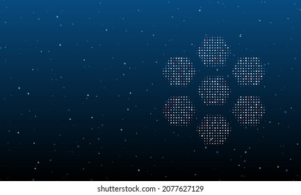 On the right is the hive symbol filled with white dots. Background pattern from dots and circles of different shades. Vector illustration on blue background with stars