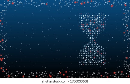 On the right is the hourglass symbol filled with white dots. Abstract futuristic frame of white dots and circles. Some dots is red. Vector illustration on blue background with stars