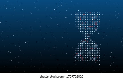 On the right is the hourglass symbol filled with white dots. Background pattern from white dots and circles of different shades. Some dots is red. Vector illustration on blue background with stars