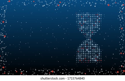 On the right is the hourglass symbol filled with white dots. Abstract futuristic frame of white dots and circles. Some dots is red. Vector illustration on blue background with stars