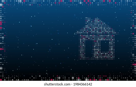 On the right is the house symbol filled with white dots. Pointillism style. Abstract futuristic frame of dots and circles. Some dots is pink. Vector illustration on blue background with stars