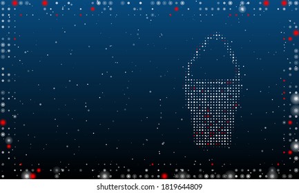 On the right is the ice cream symbol filled with white dots. Abstract futuristic frame of dots and circles. Some dots is red. Vector illustration on blue background with stars