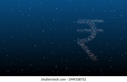 On the right is the indian rupee symbol filled with white dots. Background pattern from dots and circles of different shades. Vector illustration on blue background with stars