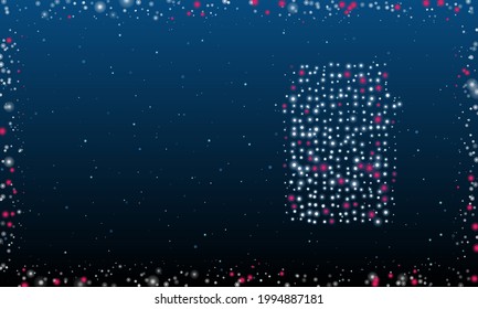 A la derecha está el frasco de un símbolo de mermelada lleno de puntos blancos. Estilo de puntillismo. Resumen marco futurista de puntos y círculos. Algunos puntos son rosas. Ilustración vectorial sobre fondo azul con estrellas