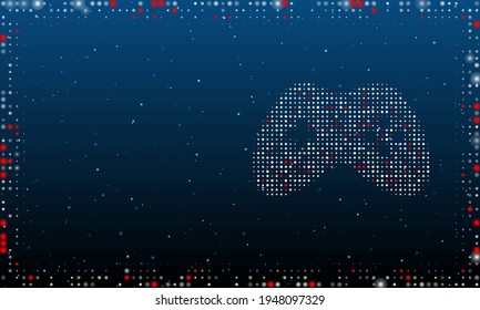 On the right is the joystick symbol filled with white dots. Pointillism style. Abstract futuristic frame of dots and circles. Some dots is red. Vector illustration on blue background with stars