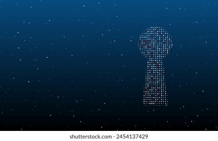 On the right is the keyhole symbol filled with white dots. Background pattern from dots and circles of different shades. Vector illustration on blue background with stars