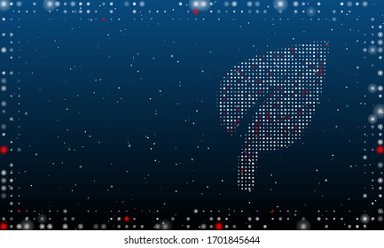 A la derecha está el símbolo de hoja lleno de puntos blancos. Dibujo futurista abstracto de puntos y círculos blancos. Algunos puntos son rojos. Ilustración vectorial sobre fondo azul con estrellas