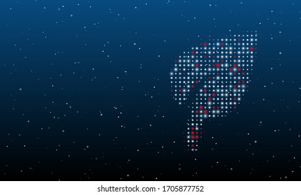 A la derecha está el símbolo de hoja lleno de puntos blancos. Patrón de fondo de puntos blancos y círculos de diferentes tonalidades. Algunos puntos son rojos. Ilustración vectorial sobre fondo azul con estrellas