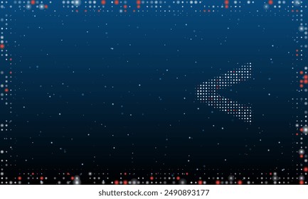 On the right is the less symbol filled with white dots. Pointillism style. Abstract futuristic frame of dots and circles. Some dots is red. Vector illustration on blue background with stars