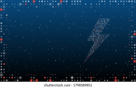 On the right is the lightning symbol filled with white dots. Abstract futuristic frame of dots and circles. Some dots is red. Vector illustration on blue background with stars