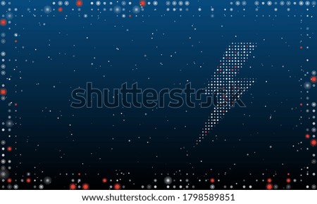 On the right is the lightning symbol filled with white dots. Abstract futuristic frame of dots and circles. Some dots is red. Vector illustration on blue background with stars