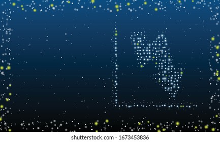 On the right - a line down chart filled with white dots. Abstract futuristic frame of white dots and circles. Some dots is lime. Vector illustration on blue background with stars
