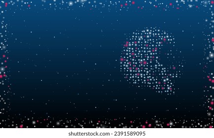 On the right is the lion head symbol filled with white dots. Pointillism style. Abstract futuristic frame of dots and circles. Some dots is pink. Vector illustration on blue background with stars