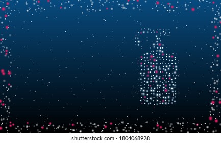 A la derecha está el símbolo del jabón líquido relleno de puntos blancos. Resumen marco futurista de puntos y círculos. Algunos puntos son rosas. Ilustración vectorial sobre fondo azul con estrellas