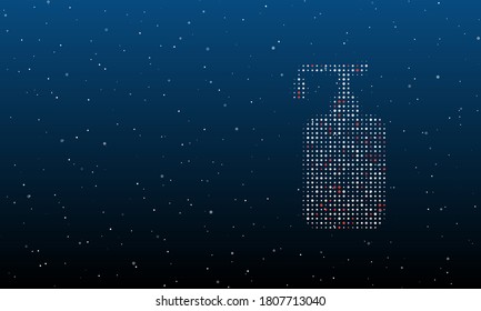On the right is the liquid soap symbol filled with white dots. Background pattern from dots and circles of different shades. Some dots is red. Vector illustration on blue background with stars