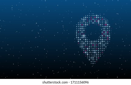 On the right is the location symbol filled with white dots. Background pattern from white dots and circles of different shades. Some dots is pink. Vector illustration on blue background with stars