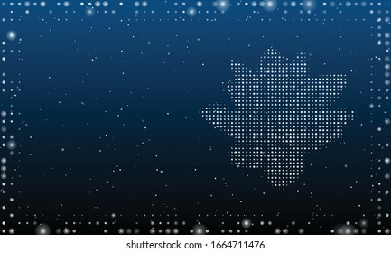 On the right is the lotus flower filled with white dots. Abstract futuristic frame of white dots and circles. Vector illustration on blue background with stars