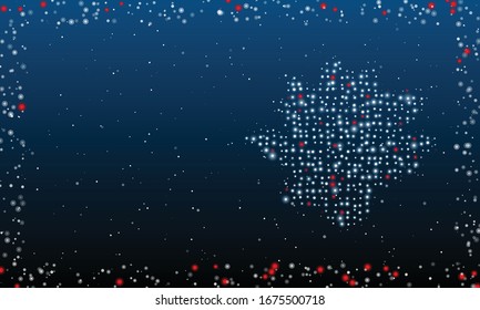 On the right is the lotus flower filled with white dots. Abstract futuristic frame of white dots and circles. Some dots is red. Vector illustration on blue background with stars