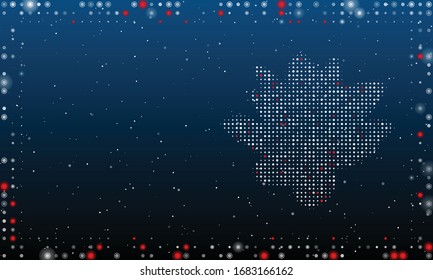 Rechts ist die Lotusblume, gefüllt mit weißen Punkten. Abstrakter futuristischer Rahmen aus weißen Punkten und Kreisen. Einige Punkte sind rot. Vektorillustration auf blauem Hintergrund mit Sternen