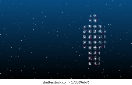 Auf der rechten Seite ist das Mannsymbol gefüllt mit weißen Punkten. Hintergrundmuster aus Punkten und Kreisen verschiedener Farben. Einige Punkte sind rosa. Vektorgrafik auf blauem Hintergrund mit Sternen