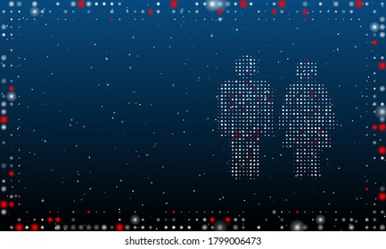 On the right is the man with woman symbol filled with white dots. Abstract futuristic frame of dots and circles. Some dots is red. Vector illustration on blue background with stars