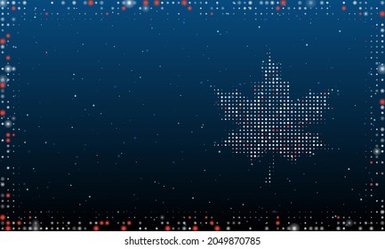 A la derecha está el símbolo de la hoja de arce lleno de puntos blancos. Estilo de puntillismo. Resumen marco futurista de puntos y círculos. Algunos puntos son rojos. Ilustración vectorial sobre fondo azul con estrellas