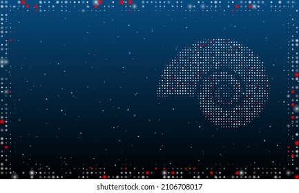 On the right is the marine nautilus symbol filled with white dots. Pointillism style. Abstract futuristic frame of dots and circles. Some dots is red. Vector illustration on blue background with stars