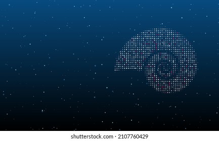 On the right is the marine nautilus symbol filled with white dots. Background pattern from dots and circles of different shades. Vector illustration on blue background with stars
