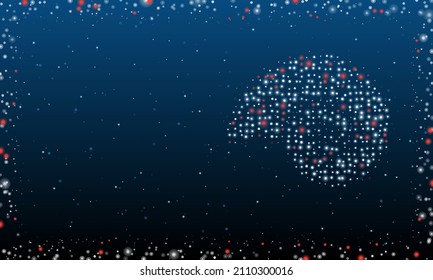 On the right is the marine nautilus symbol filled with white dots. Pointillism style. Abstract futuristic frame of dots and circles. Some dots is red. Vector illustration on blue background with stars