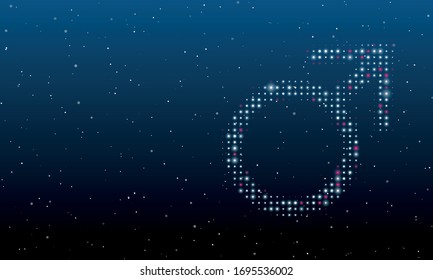 On the right is the mars symbol filled with white dots. Background pattern from white dots and circles of different shades. Some dots is pink. Vector illustration on blue background with stars