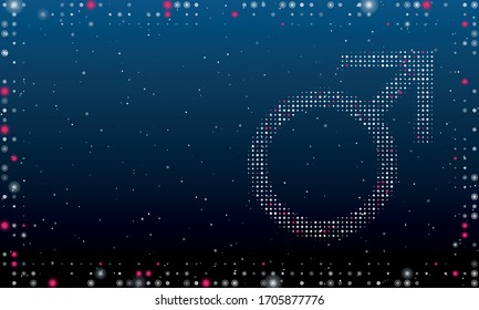 On the right is the mars symbol filled with white dots. Abstract futuristic frame of white dots and circles. Some dots is pink. Vector illustration on blue background with stars