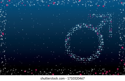On the right is the mars symbol filled with white dots. Abstract futuristic frame of white dots and circles. Some dots is pink. Vector illustration on blue background with stars