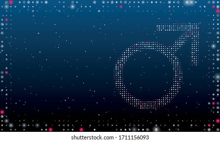 On the right is the mars symbol filled with white dots. Abstract futuristic frame of white dots and circles. Some dots is pink. Vector illustration on blue background with stars