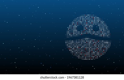 On the right is the masked face symbol filled with white dots. Background pattern from dots and circles of different shades. Vector illustration on blue background with stars