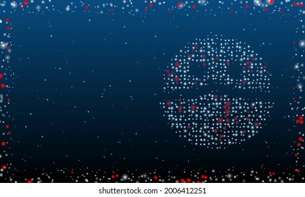 Auf der rechten Seite befindet sich das Maskensymbol mit weißen Punkten. Pointillismus-Stil. Abstrakter futuristischer Rahmen von Punkten und Kreisen. Einige Punkte sind rot. Vektorgrafik auf blauem Hintergrund mit Sternen
