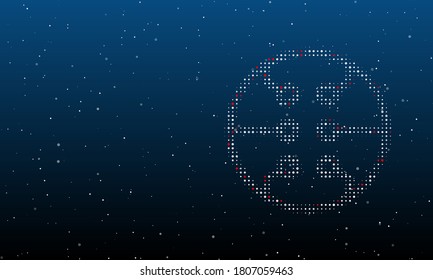 Auf der rechten Seite befindet sich das mit weißen Punkten gefüllte Mikroschaltbild. Hintergrundmuster aus Punkten und Kreisen verschiedener Farben. Einige Punkte sind rot. Vektorgrafik auf blauem Hintergrund mit Sternen